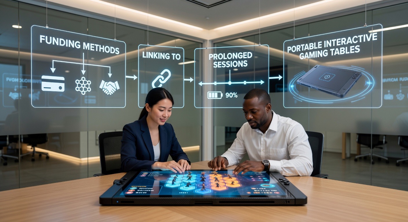 Portable interactive gaming tables showing payment interfaces and session tracking features